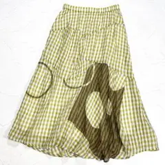✨美品✨慈雨　サークル柄　チェック切替　フレアスカート　シルク混　アシメ　日本製のサムネイル