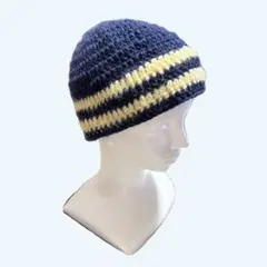 ビーニー 編み物 ハンドメイド ネイビー＆イエロー 帽子