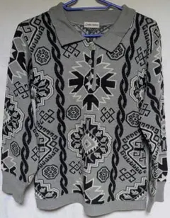 Ladies Fashion 幾何学模様 長袖ポロシャツ