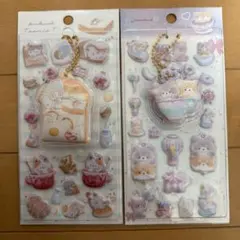 ねこ　犬　ふわふわシール　ぷっくりシール　キーホルダー付き　2個セット
