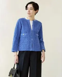 DoCLASSE リボンヤーン・ノーカラージャケット ブルー ドゥクラッセ　Sのサムネイル