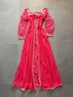 アンティーク ビンテージ 70s 蛍光 ピンク 花柄 レース ワンピースドレス