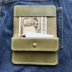 ハンドメイド 本革 ミニ財布 コンパクト財布 オリーブグリーン 手縫い
