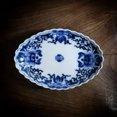 染付　舟形皿　変形皿　角福　古伊万里　牡丹唐草　唐花文　花弁縁　江戸　ロ号　欠け