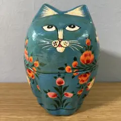 猫型 ペーパーマッシュ 置物 小物入れ 花柄　インド