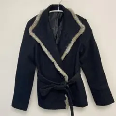 ブラック ラビットファー襟ラップジャケット