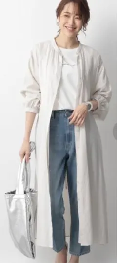 GLOBAL WORK 楊柳バンドカラーワンピース　長袖シャツ　エクリュ