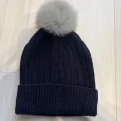 Green Label Relaxingネイビー ニット帽 ファー付きポンポン