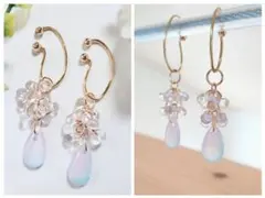 【再販】ハンドメイドイヤーカフ☆ガラスドロップ(薄ブルー〜ピンクグラデーション)