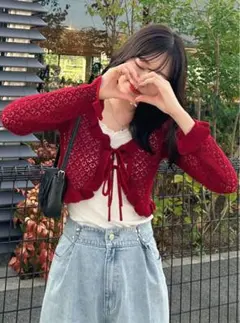 透かし編みリボンフリルカーディガン gn314