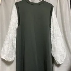 グリーン レースバルーン袖 ロングシャツワンピース