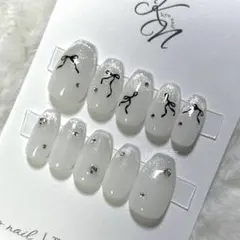現品ネイルチップ｜ホワイト白シルバーリボンシンプルガーリー韓国マグネットバレエ