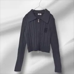 韓国風　カーディガン　 ケーブル編み クロップ　ダブルジップ　ブラック　ロゴ