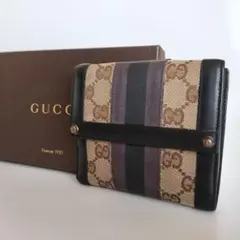 GUCCI 二つ折り財布 シェリーライン GG柄 スタッズ キャンバス 黒 紫