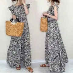 OC687 キレイめ 膝丈ワンピース 夏  シフォンワンピ 花柄