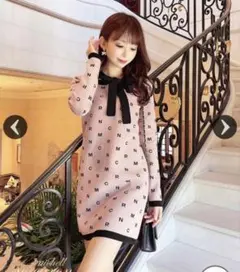michellMacaron イニシャルドット柄 リボン付き 長袖ニット