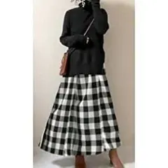 【F】黒 ロングワンピース ニット タートルネック チェック 海外　韓国