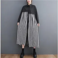 大きいサイズ レディース ロング　ワンピース　ストライプ　長袖　秋冬 長袖