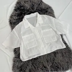 美品PAGEBOY オープンカラークロップドシャツ（F）白　レーヨン混　シンプル