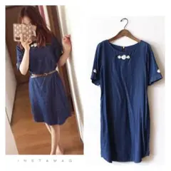 Simplicite◆フラワー 刺繍 テンセルワンピース◆半袖 五分袖 美品