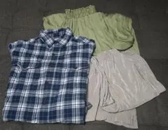 チェックシャツ、スラブパンツ、プリーツパンツMサイズ3点セットまとめ売り