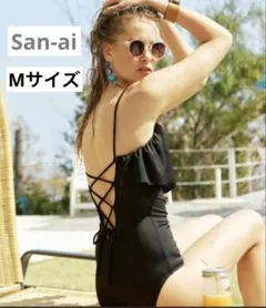 【Mサイズ】三愛AIフリルベアレースアップワンピース水着 ブラック sanaiのサムネイル