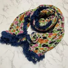 新品 訳あり カラフル 花柄 × ネイビー フリル 薄手 春 ストール