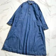 現行✨　45R デニムワンピース　ロング　インディゴ　　ゆったり　R刺繍　ブルー 現行✨ 45R デニムワンピース ロング インディゴ ゆったり R刺繍