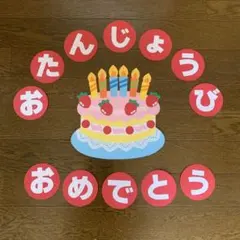 壁面飾り　お誕生日表　ケーキとロウソク(６本) 文字(円の色は赤)