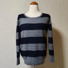 コムサイズム 長袖ニット 毛混 M セーター グレー＆黒 太ボーダー シンプル