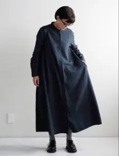 無印良品 両面起毛フランネル スタンドカラー長袖ワンピース　ネイビー　L