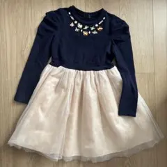 【美品】ビジュー付きネイビー長袖ワンピース 120