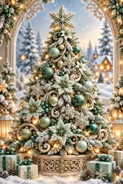 ホワイト＆グリーン クリスマスツリー アートポスター