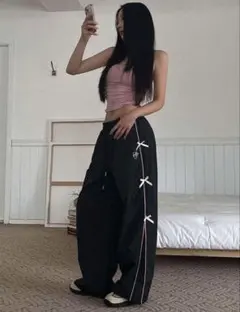 【DAZY】リボン飾り付き・ナイロンパンツ