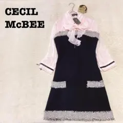 DE0435【セシルマクビー】ワンピース【M】ブラウス ツイードニットドッキングのサムネイル