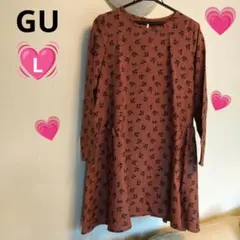 GU鳥柄長袖ワンピースチュニック テラコッタLサイズ
