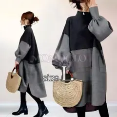 NB028 バイカラー ワンピース コクーン 長袖 体型カバー 大きめ2L 3L