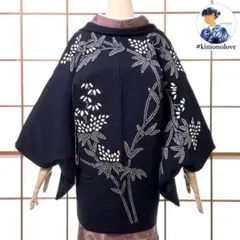 羽織 絵羽織 正絹 絞り 枝笹柄 黒 ビンテージ着物 A-2709