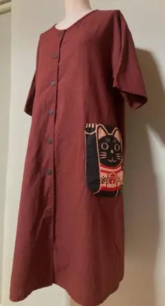 レディース　ロングチュニック　リメイク　猫柄手拭いポケット付き　Ｍ〜Ｌ　新品