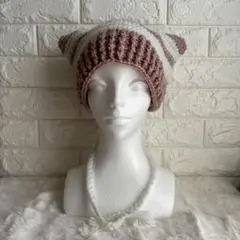 くすみピンク×ホワイト　猫耳ニット帽子　かぎ編み　ハンドメイド　ネコ耳