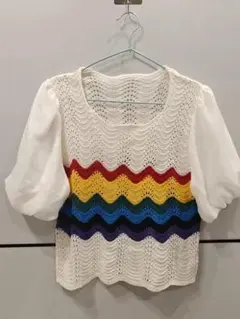 カラフル波状編みニットトップス