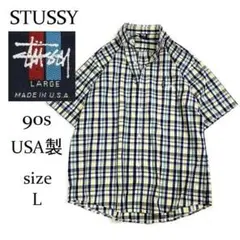 90s USA製 STUSSY ステューシー チェック 半袖シャツ L 刺繍のサムネイル