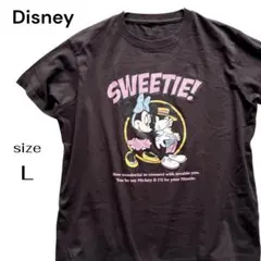 ミッキー＆ミニー レトロプリント Tシャツ L ダークブラウン ディズニー 美品