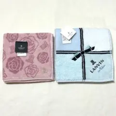LANVIN タオルハンカチ 花柄 ピンク／リボン柄ブルー（2枚組）