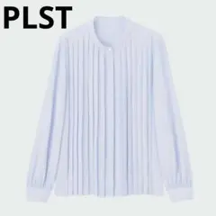 新品✨PLST プラステ ジョーゼットバンドカラープリーツブラウス 長袖 ブルー