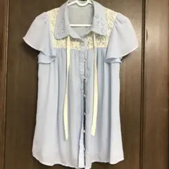 イング　ブルー系　レース取り外しリボン付きブラウス