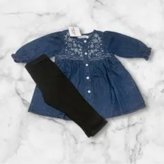 【新品タグ付】スラップスリップ デニム刺繍ワンピース レギンスセット 80cm