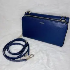 【希少色】FURLA ウォレットショルダーバッグ レザー ネイビー 青 リーヴァ