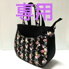 ハンドメイド　ラウンドトートバッグ　薔薇青リボン　ブラック