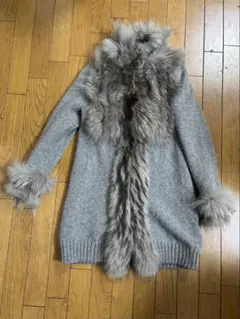 ルシェルブルー　グレーウールアンゴラ ニットコート チャイニーズラクーンファー付